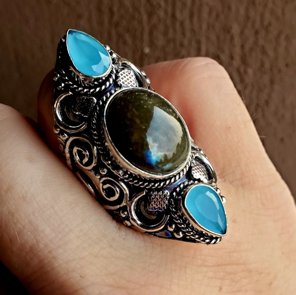 New Labradorite & Chalcedony 925 Silver Statement Ring. - Picture 4 of 15